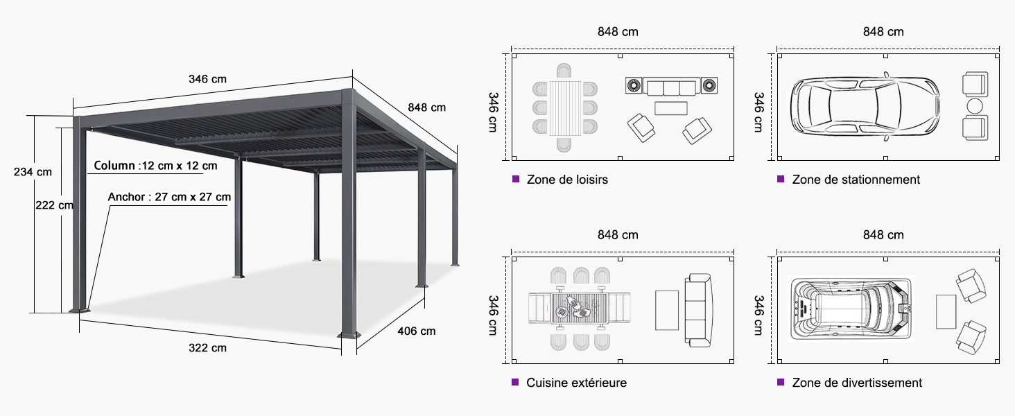 Dessins techniques d'architecture ou de construction montrant les mesures et les spécifications de ce qui semble être une structure couverte ou un abri.