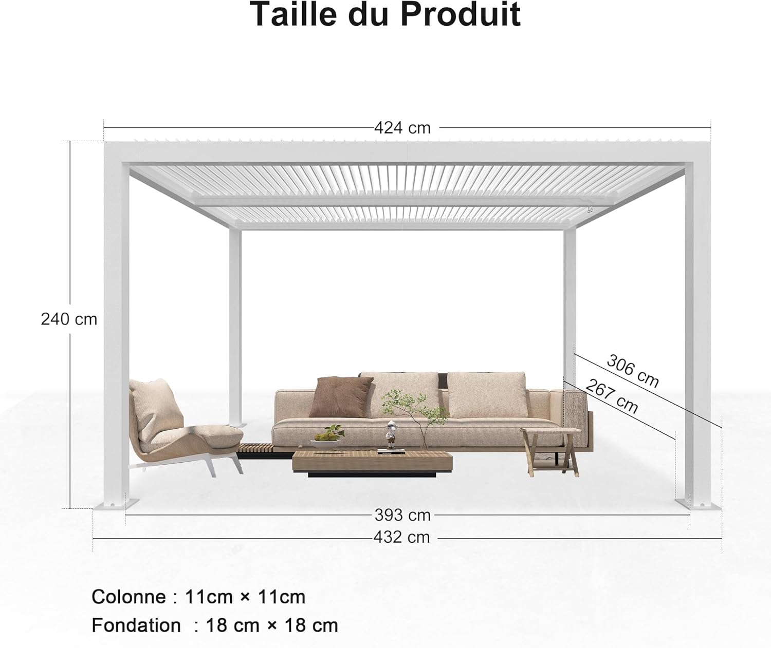 jardinite - pergola bioclimatique - 4,24x3m - aluminium, stores enrouleurs, lames orientables
