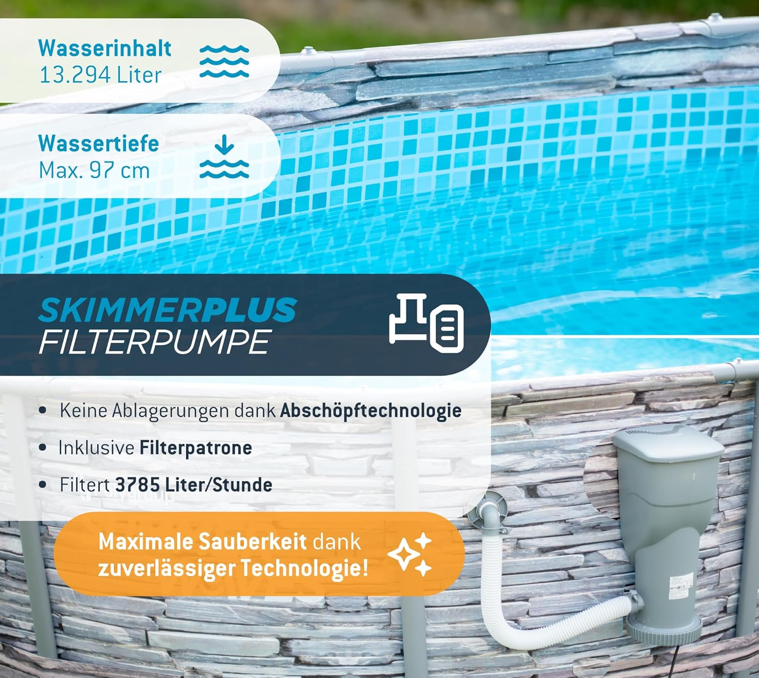 jardinite - Frame Pool Kit rond - 427x107 cm - aspect pierre grise, pompe à filtre