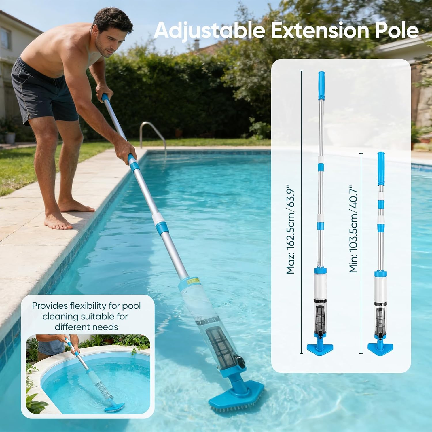 Aspirateur piscine 3 en 1, télescopique 103,5-162,5 cm, rechargeable, puissant, 3 brosses, capteur automatique