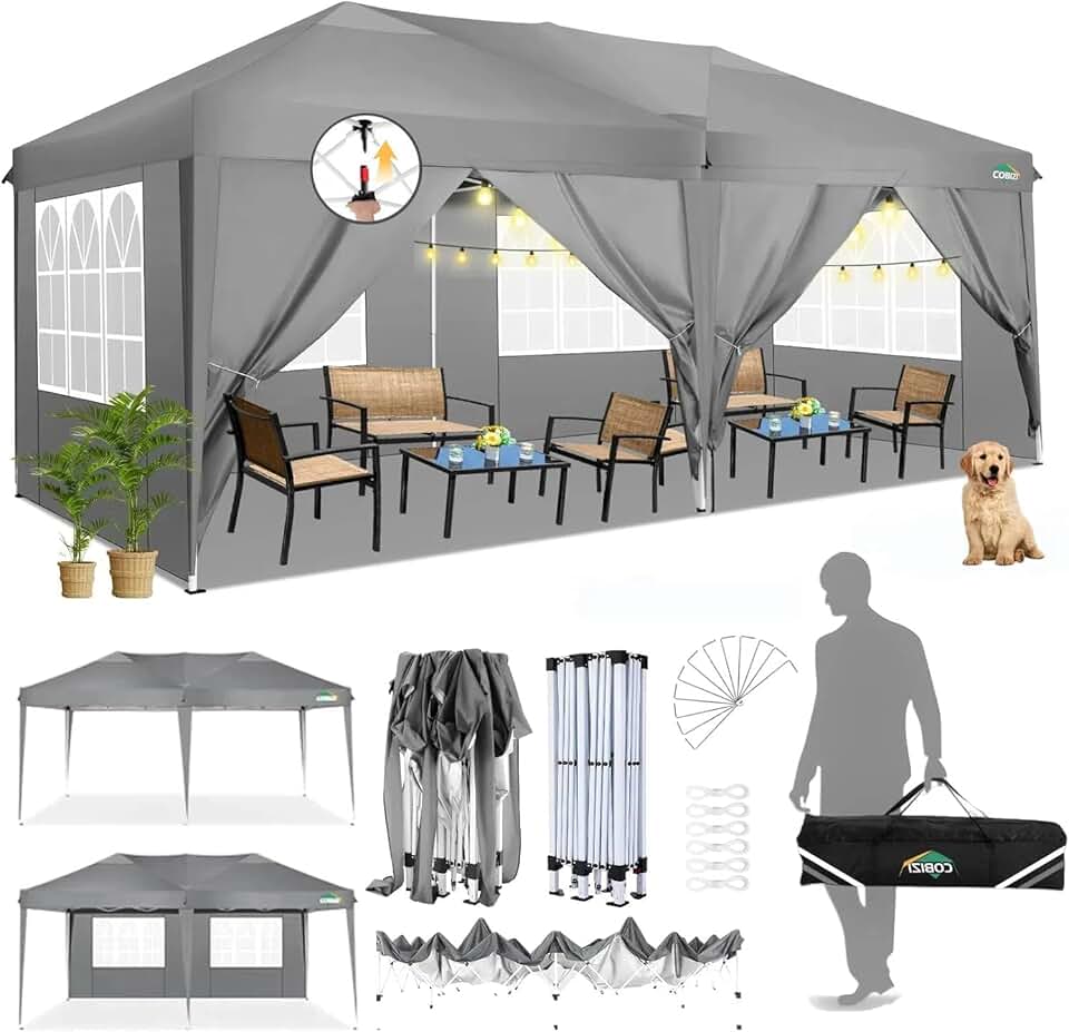 jardinite - Tonnelle pliante 3x6m - étanche, 6 parois, anti-UV, gris