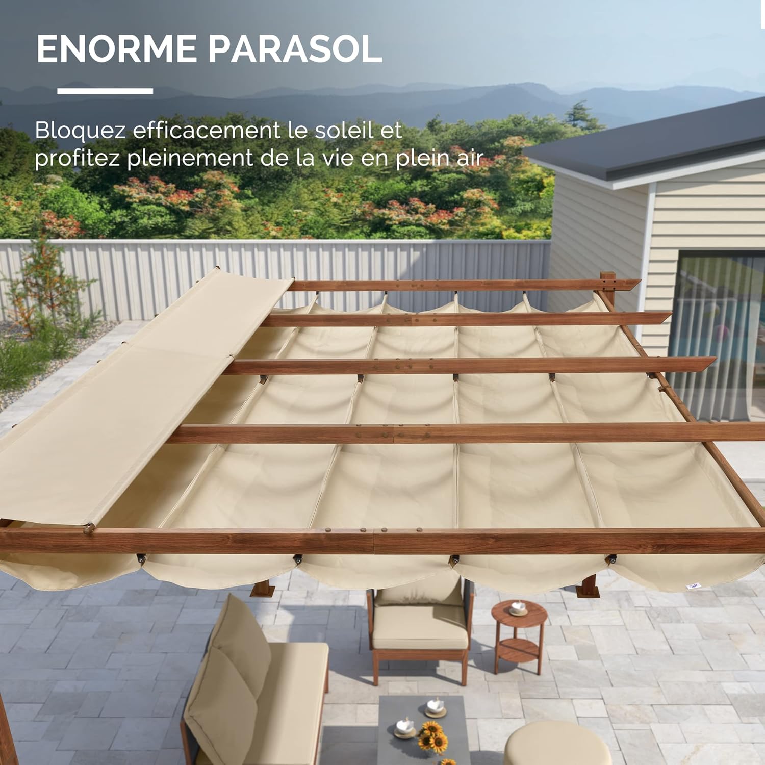 jardinite - Pergola aluminium 4x3m, toit rétractable, éclairage intégré, finition teck, kaki