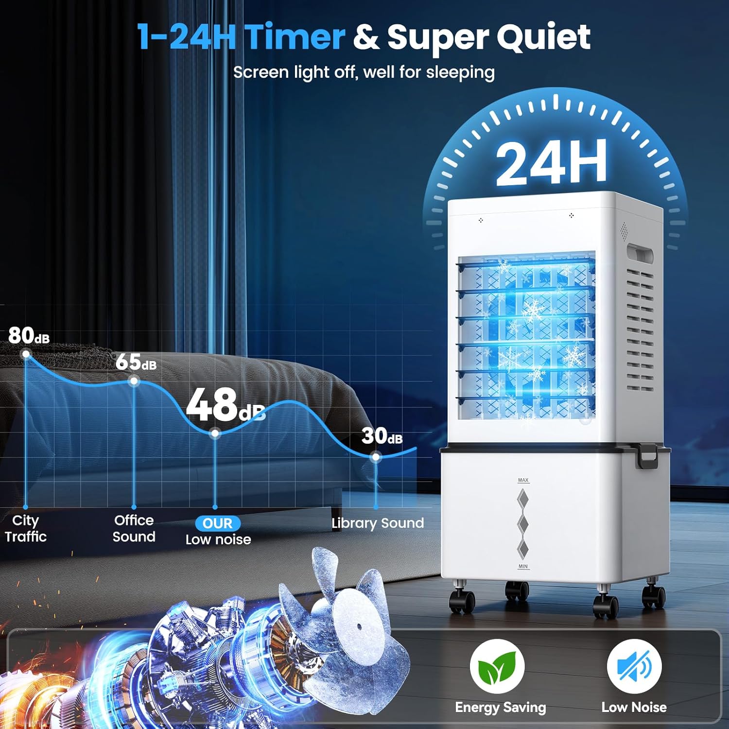 Climatiseur mobile 3-en-1, 12L, 6 vitesses, télécommande, 24H timer