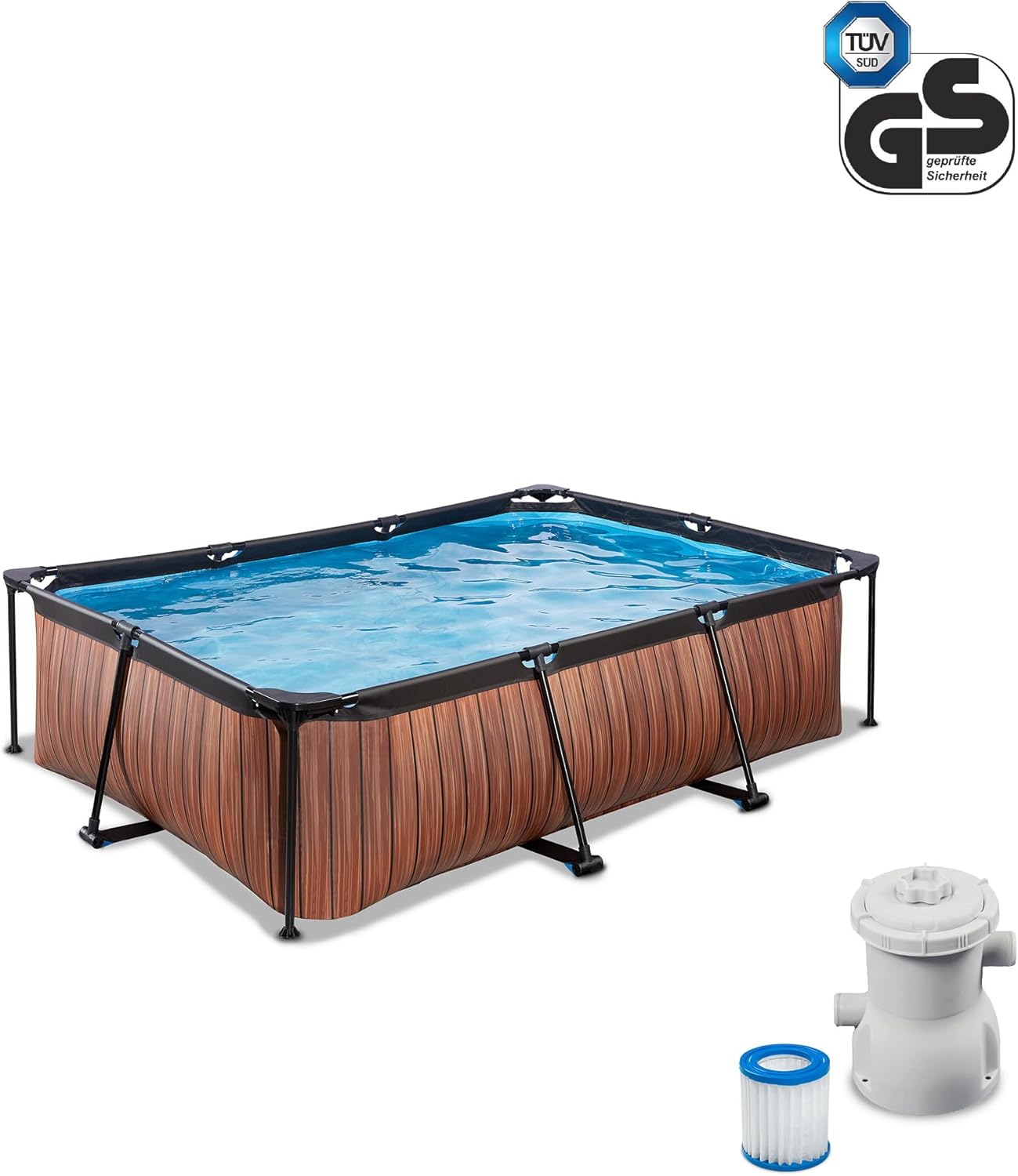 jardinite Piscine en Bois - 220 x 150 x 65 cm - Rectangulaire et compacte - avec Pompe à Filtre à Cartouche - Facile d'accès - Convient pour Les Tout-Petits - Cadre Solide - Design Unique - Marron