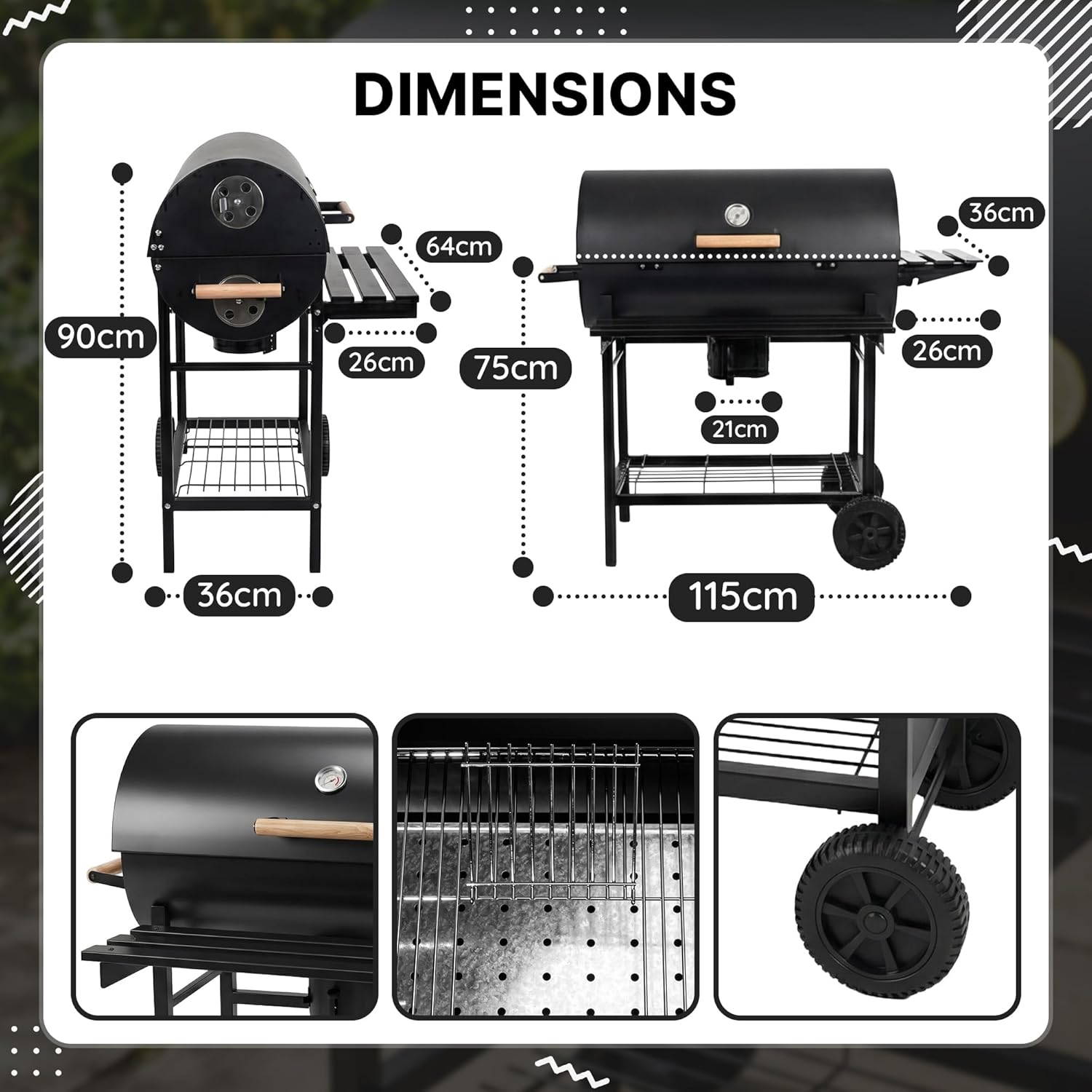 Five-Star – Grill & Chill série – 71×35 cm – barbecue charbon couvercle, thermomètre, cendrier, roues – GC0002