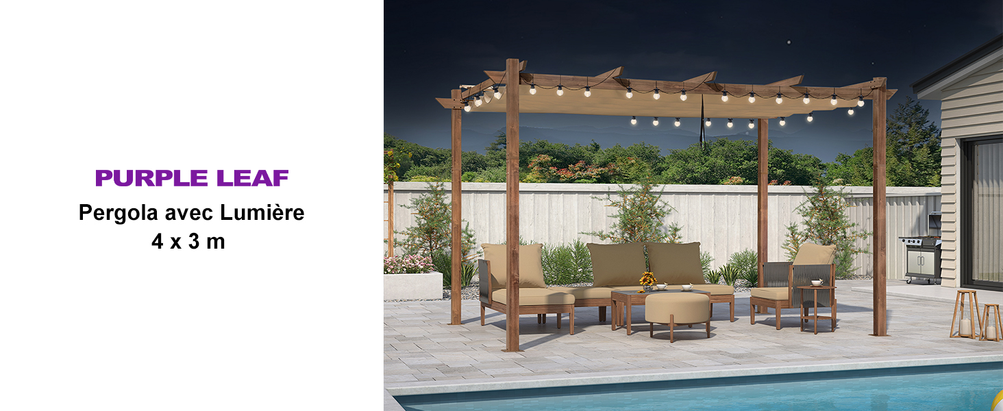 de marque jardinite avec guirlandes lumineuses, mesurant 4 x 3 m, illustrée dans le cadre d'une piscine extérieure avec des meubles en dessous. Dispose d'un design moderne avec auvent illuminé.