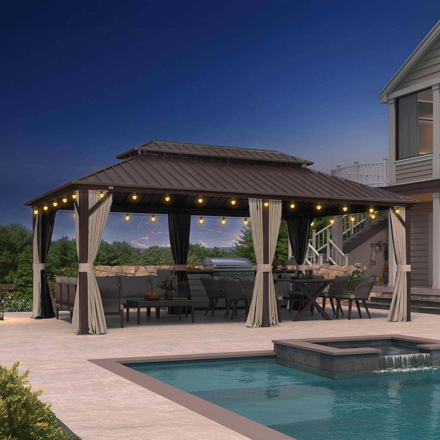 jardinite - pergola double toit rigide 6x3,65m, aluminium, guirlande, rideaux