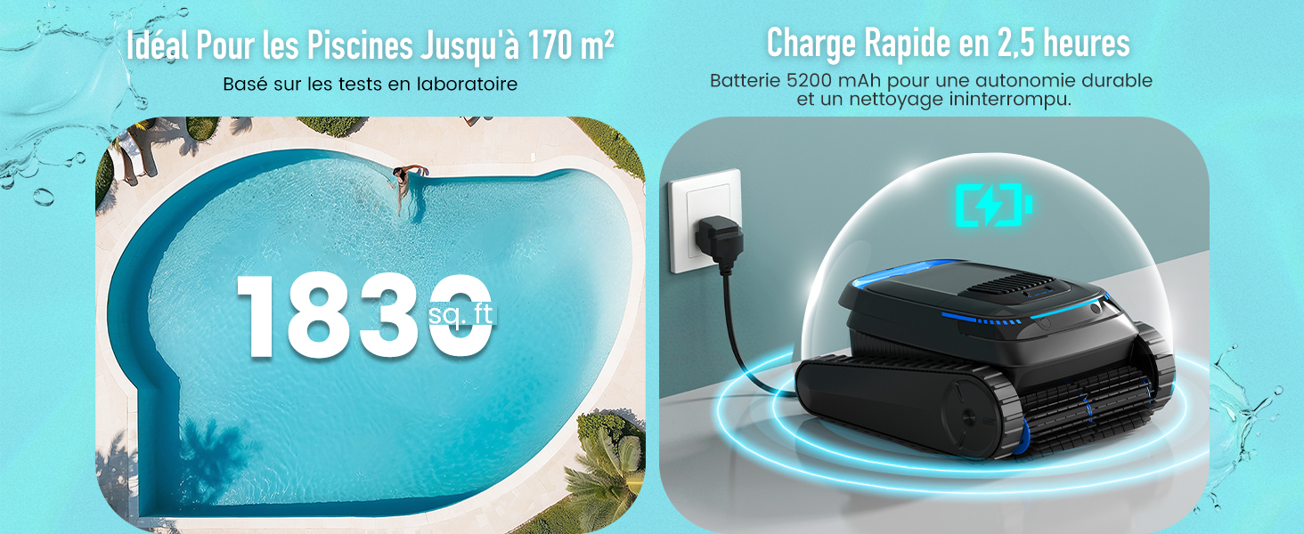 Le texte indique « 1830 » et « Câble de charge en 2 h 30 min ». Deux images de produits : à gauche, un sac résistant à l'eau turquoise, à droite, un aspirateur robotique noir avec couvercle en forme de dôme transparent.