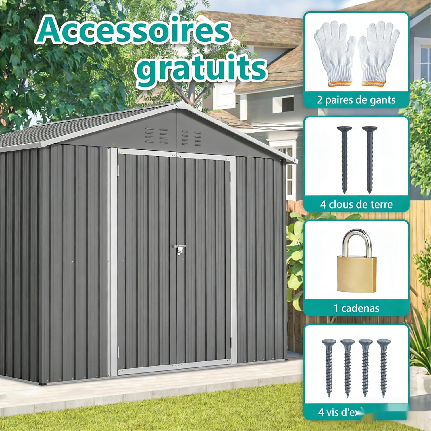 Abri de jardin en acier 229 x 180 x 191 cm, abri à outils avec porte rabattable, ventilation, résistant aux intempéries et verrouillable, anthracite, pour vélos