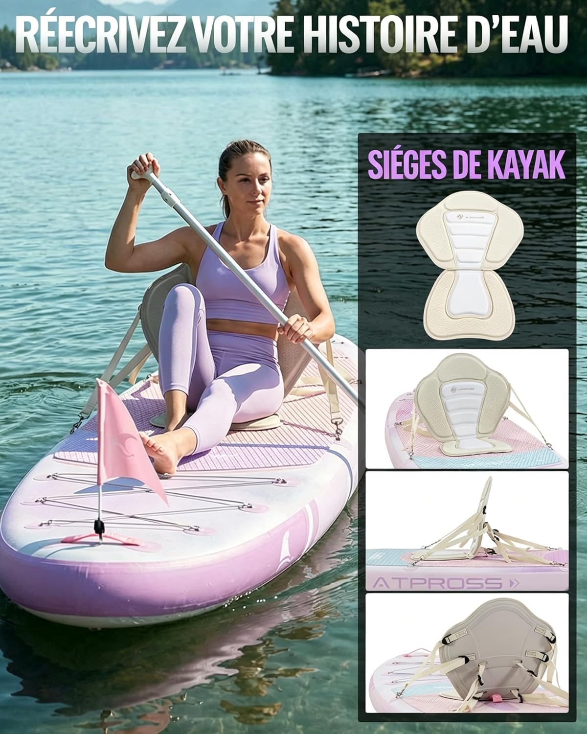 Stand Up Paddle Gonflable Adulte avec Siège Kayak & Accessoires, 320x84cm Planche de Sup Extra Large pour 2 Personnes, Charge 200kg, Kayak Gonflable 2 Places Stable et Antidérapant pour Surf
