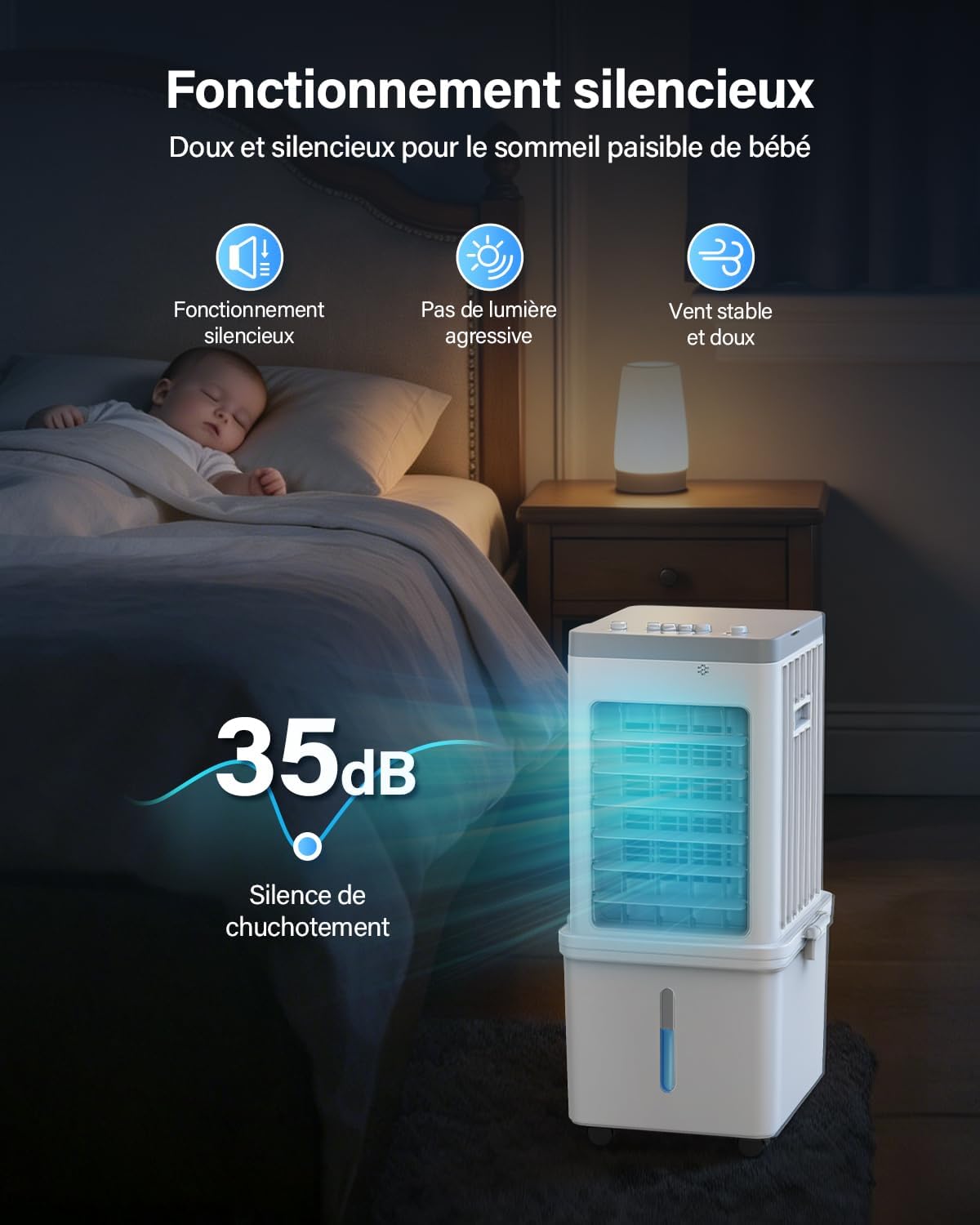 Climatiseur mobile - 12L, 3 vitesses, 120° oscillation, 35dB, roulettes