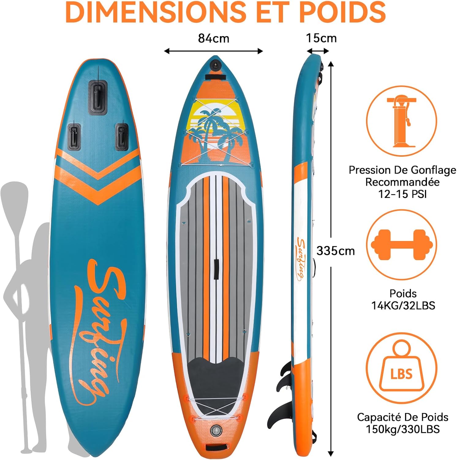 jardinite - Paddle gonflable adulte - 320/335cm - 2 personnes, siège kayak, pagaie alu, caméra, pompe, 150kg