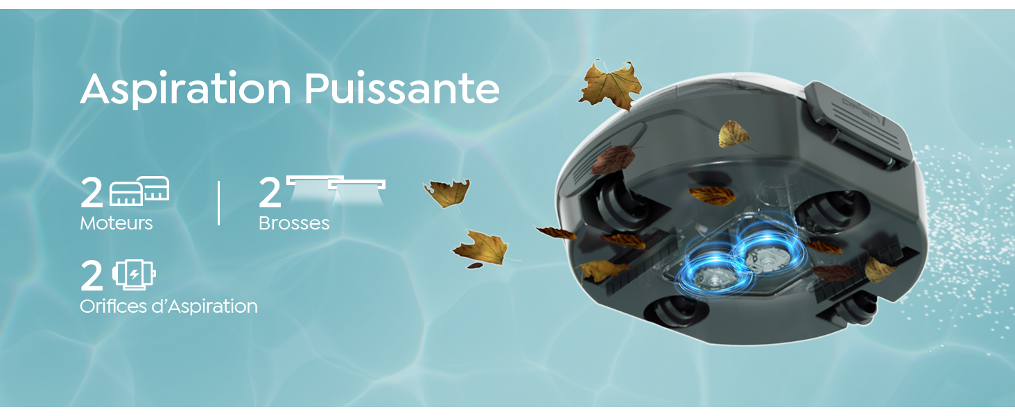Le texte se lit comme suit : « Aspiration Puissante ». Schéma technique illustrant le débit d'air et la puissance d'aspiration d'un système d'aspiration ou de ventilation avec des éléments animés.
