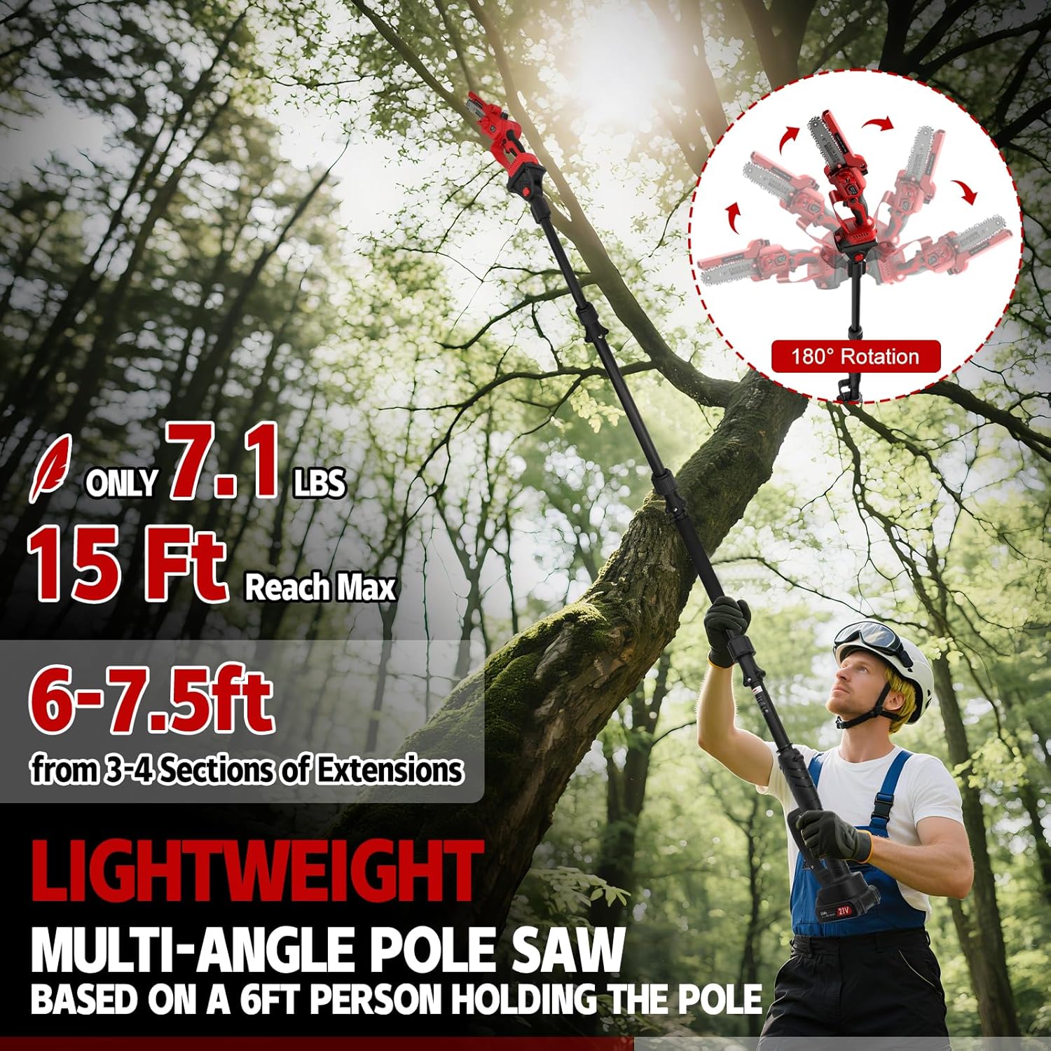 Mini Tronconneuse avec Perche 6 Pouces & Secateur Electrique Telescopique 55 mm, 4 en 1 Élagueuse sur Perche avec 2 * 2000 mAh Batteries, Portée Maximale 4,5 m