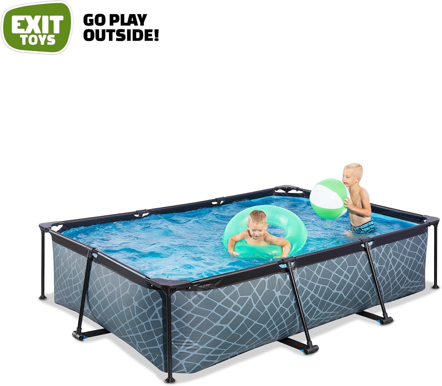 jardinite Piscine Stone - 300x200x65cm - Piscine Hors Sol Rectangulaire avec Pompe Filtrante à Cartouche - Entrée Basse - Idéal pour Les Jeunes Enfants - Cadre Stable - Design Unique - Gris