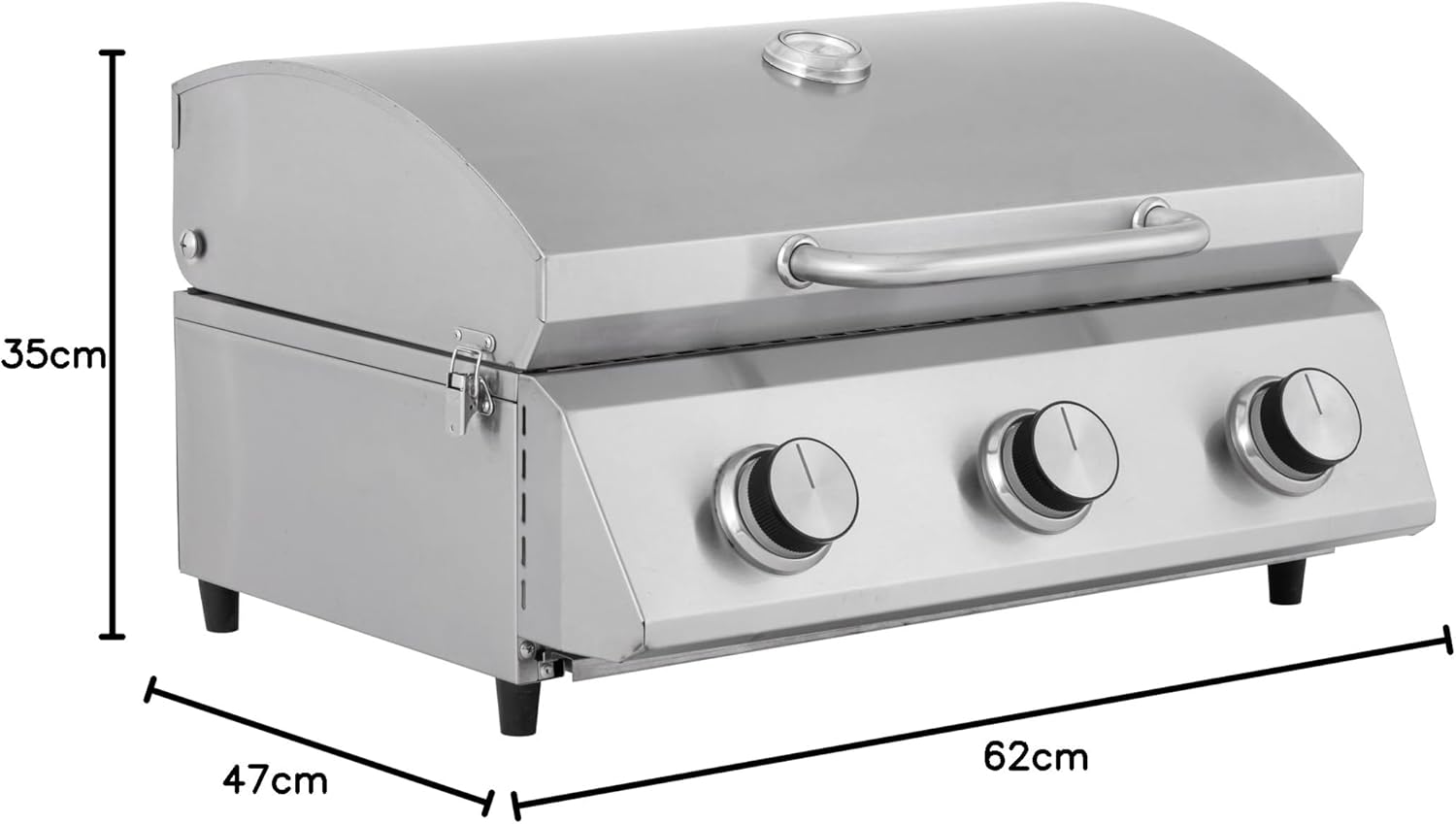 jardinite - Barbecue à gaz portable - inox - 3 brûleurs, thermomètre, allumage piézo - CATHAN