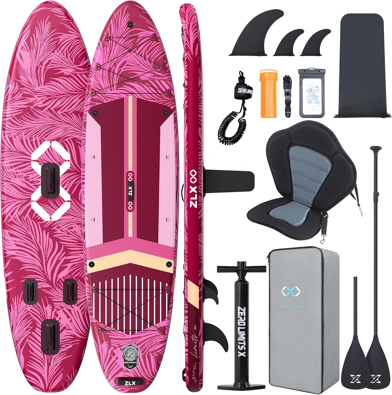 ZLX Paddle Gonflable 350 x 89 cm Extra Large Sup | Planche Stable Antidérapante, Aileron Amélioré, Accessoires Premium, Sac & Pompe Haute Pression, pour Adultes Tous Niveaux avec Siège Gonflable