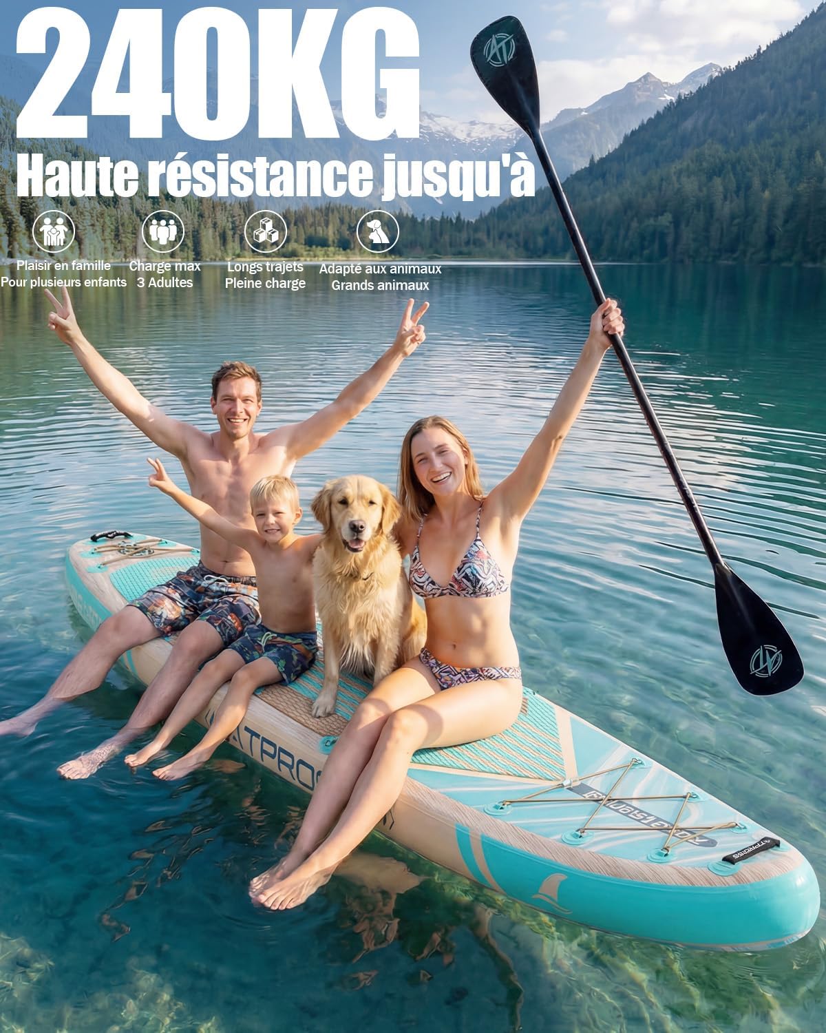 Planche de Paddle Gonflable Adulte avec Siège Kayak & Accessoires, 366x92cm Sup Extra Large & Stable, Charge 240kg, Kayak Gonflable 2 Places pour Yoga, Pêche et Surf