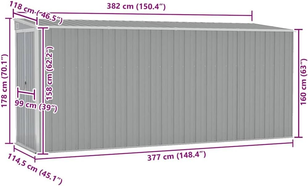 jardinite Abri de Jardin Mural Gris 118x382x178 cm Acier galvanisé,Structures extérieures, Cabanes & abris de Jardin,316230