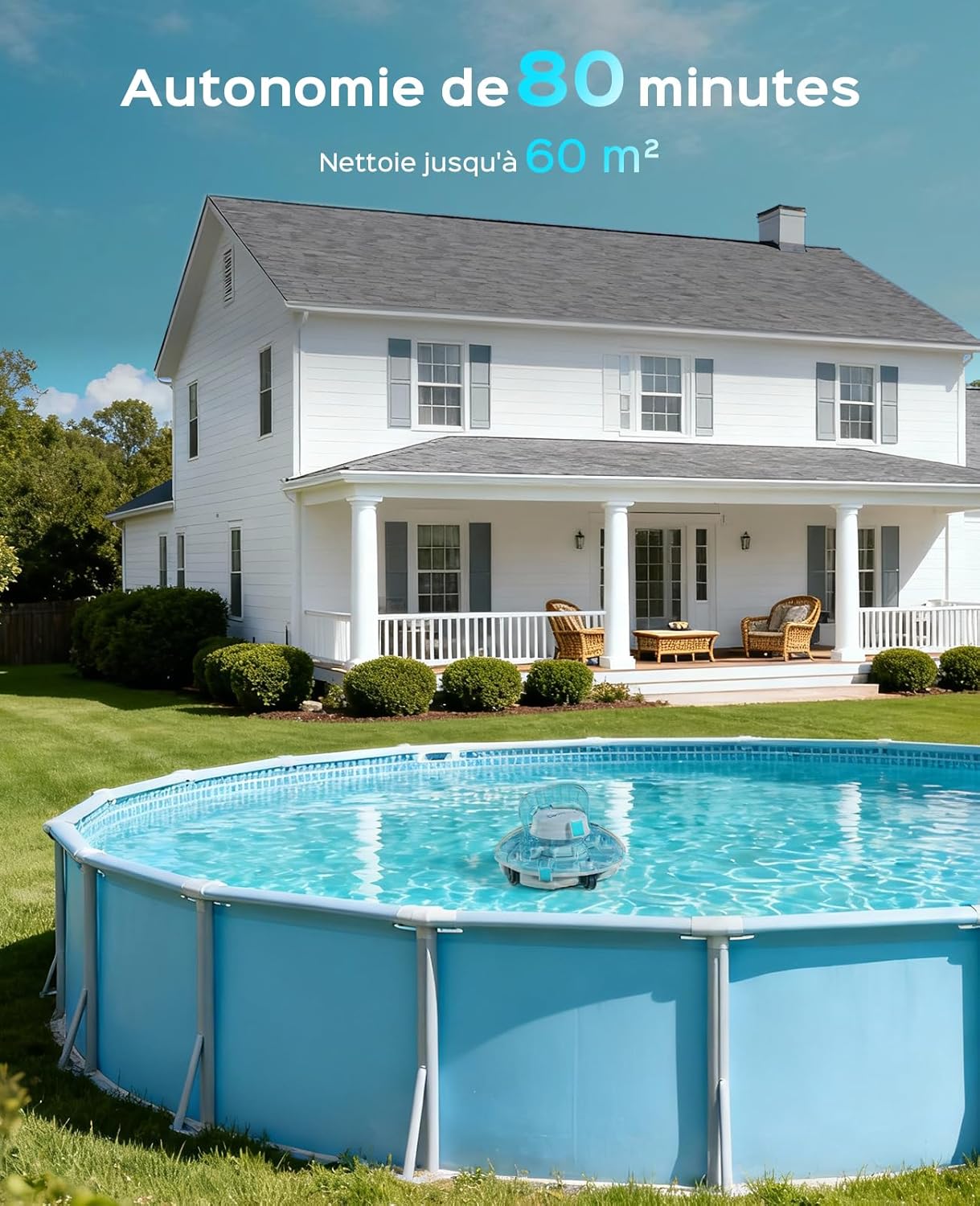 WINNY - 200 Robot Piscine - 60m² - sans fil, autonomie 75min, double filtration