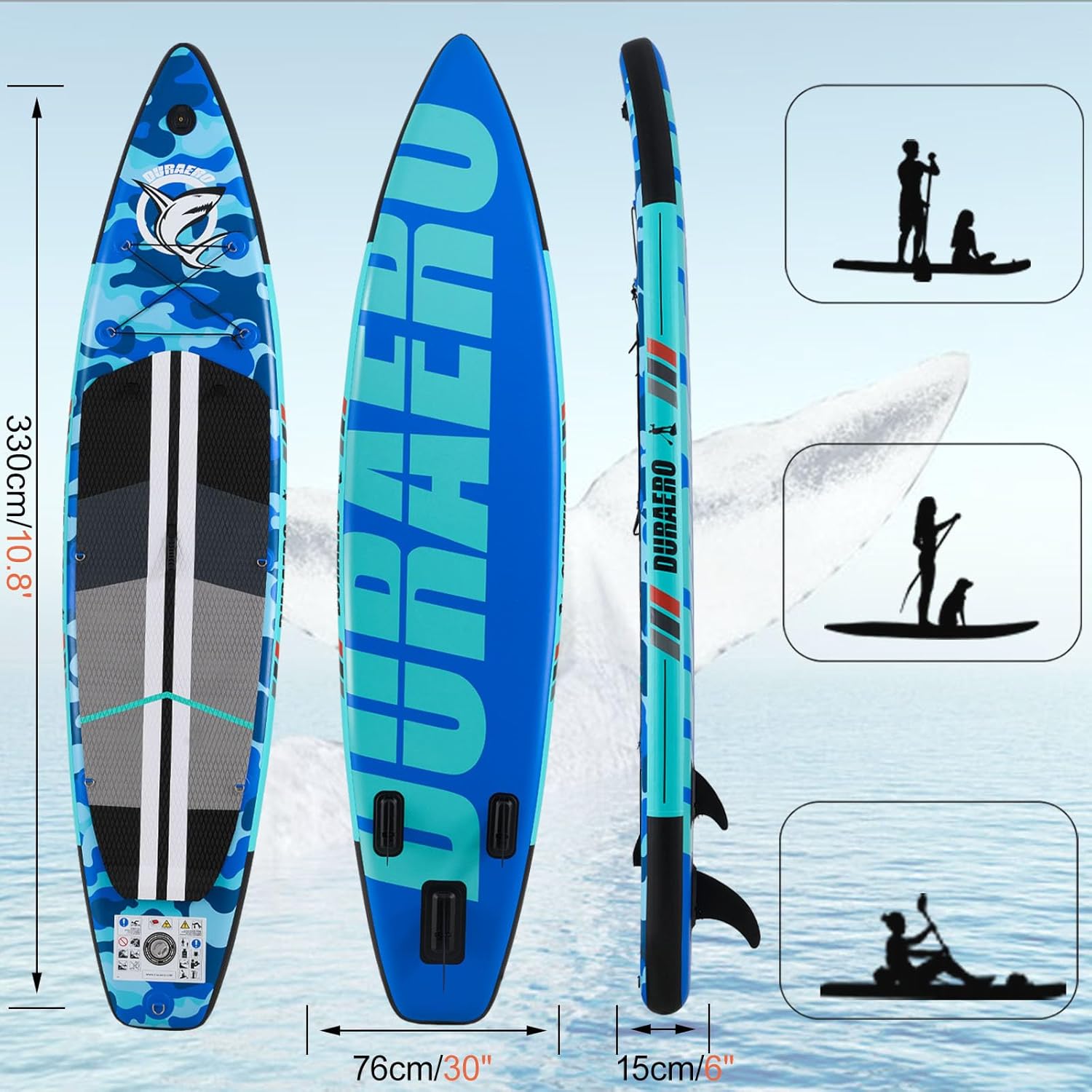 Planche de Stand Up Paddle Gonflable, 330x76x15 cm, kayak, 150 kg, kick-pad, caméra, camouflage Blue