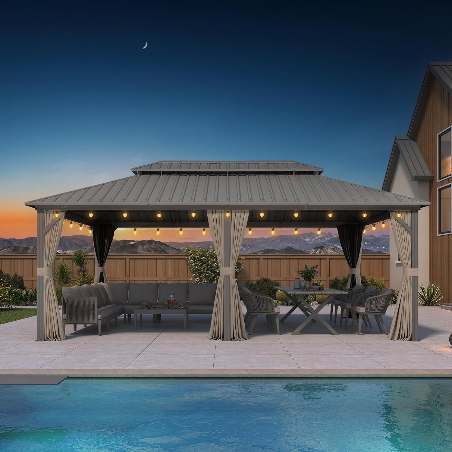 jardinite Tonnelle de Jardin Extérieur 6 x 3,65 m avec Guirlande Lumineuse, Pergola Aluminium à Toit Rigide en Acier Galvanisé, Pavillon Imperméable pour Camping, Fête, Barbecue, Champagne