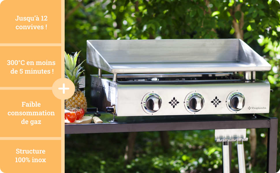 avec surface de cuisson en acier inoxydable. Le texte met en évidence les caractéristiques : 12 portions, 300 °C en 5 minutes, faible consommation de gaz, structure 100 % inoxydable