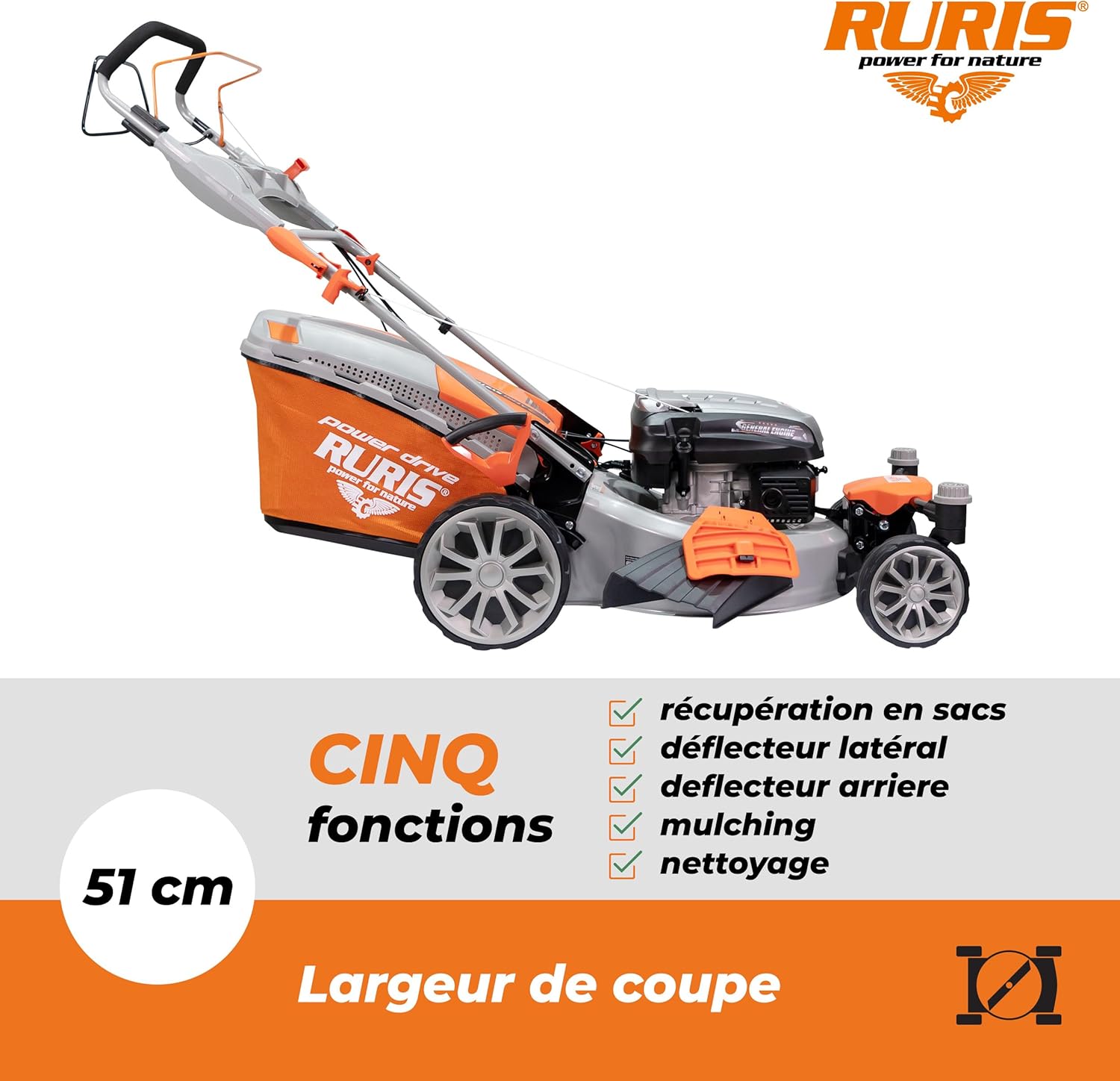 RURIS - Tondeuse Série RXM - 510mm, 3,9CV, Sac 65L, 5 fonctions RXM1000