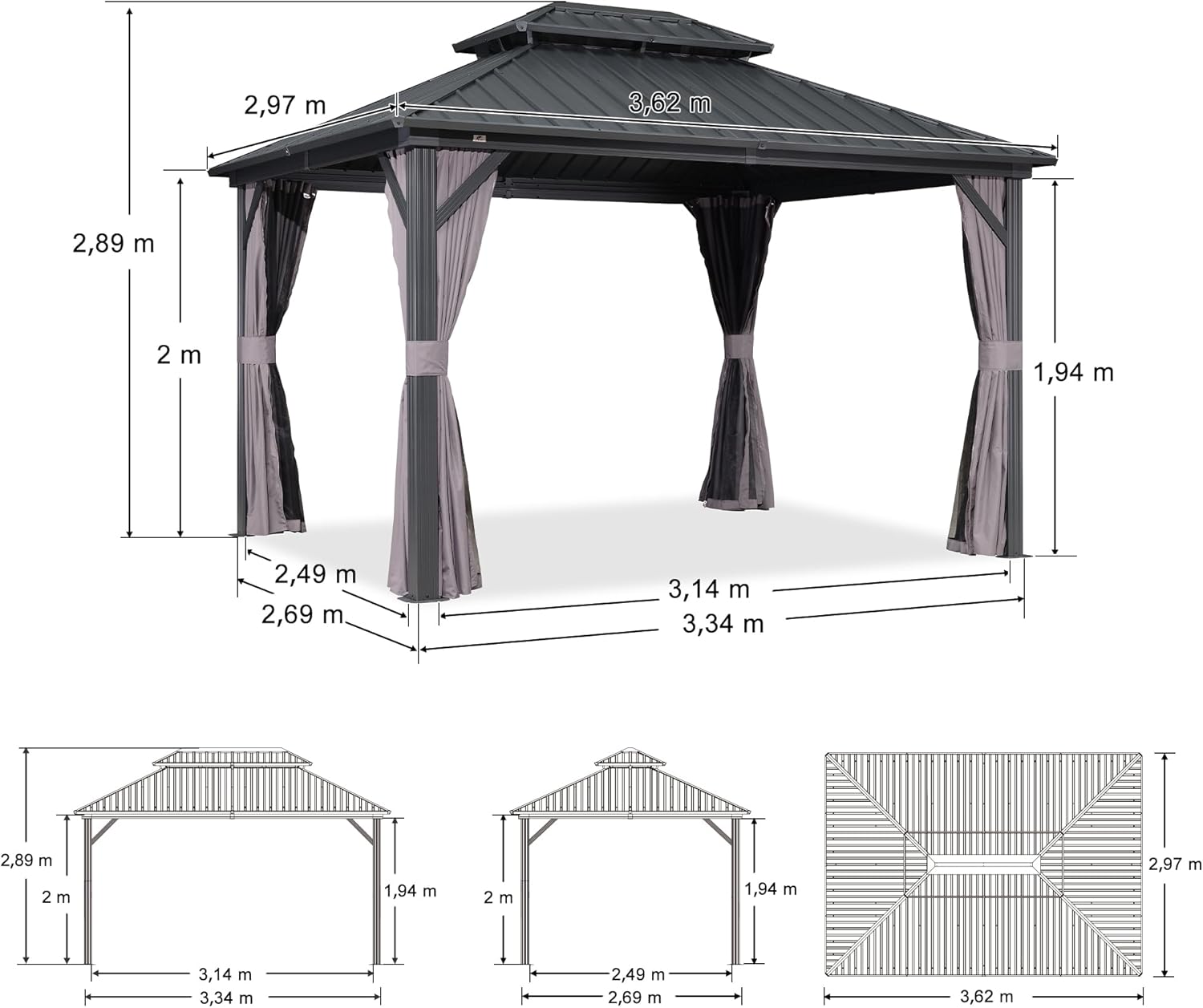 jardinite - Pergola aluminium double toit 3,65x3m rideaux moustiquaire