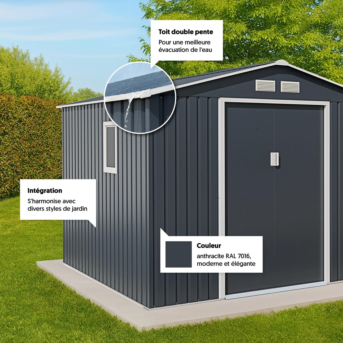 Abri de jardin métal - 7,06m² - fenêtre latérale, kit ancrage, 212cm