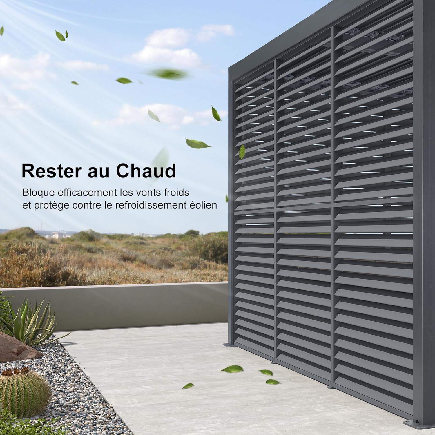 jardinite - Pergola bioclimatique 6x3,68m alu, lames orientables, persienne fixe