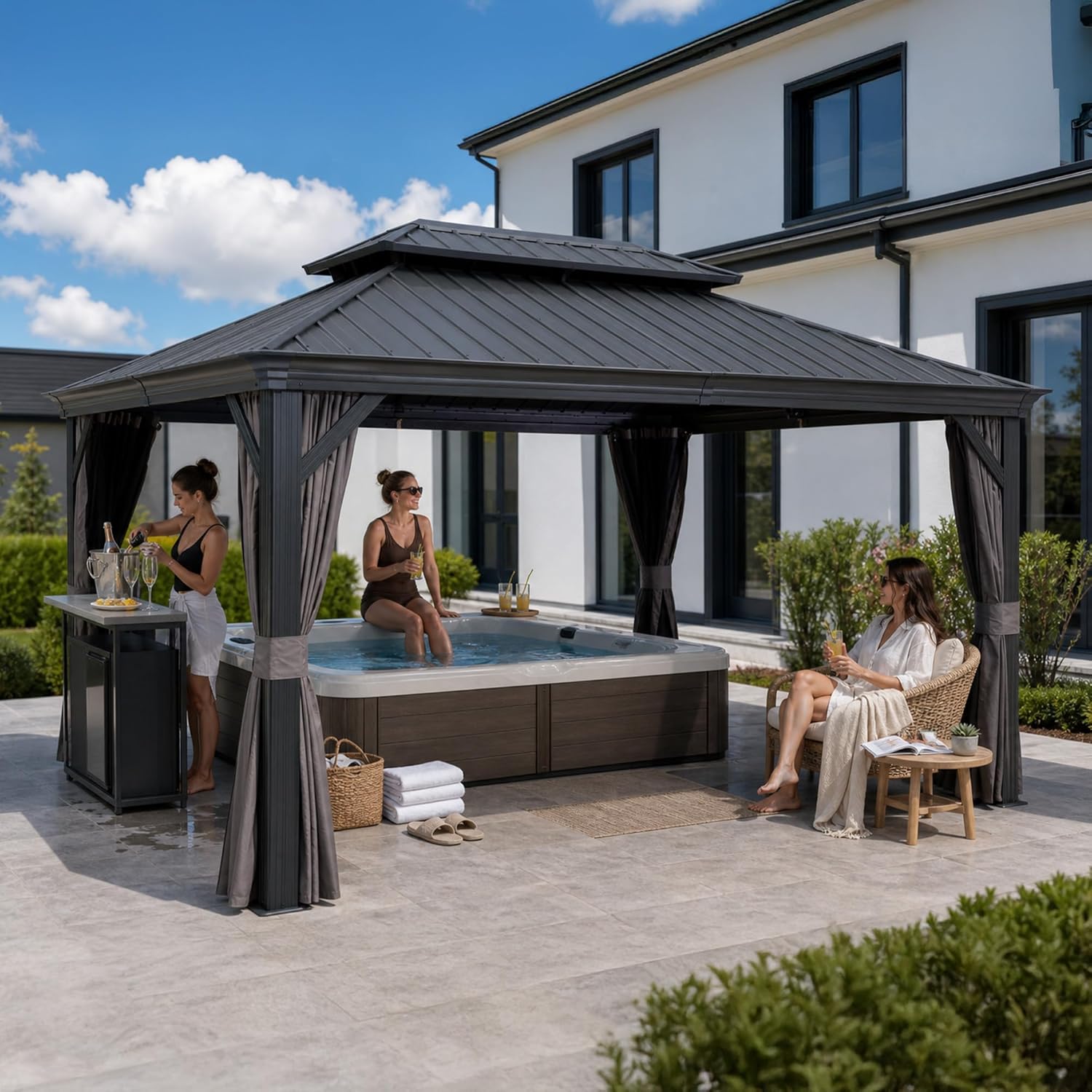 jardinite - Tonnelle Jardin 4,25x3 m - acier galvanisé, rideaux épais, gouttière