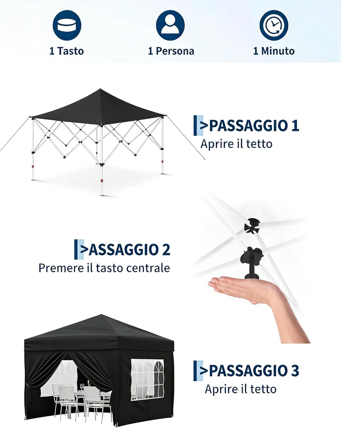 Gravee Tonnelle Pliante 3x3m Gris avec Parois Latérales, Imperméable et Anti-UV, Tente Pop-Up Robuste avec Sac de Transport pour Jardin (Noir, 3x3m)