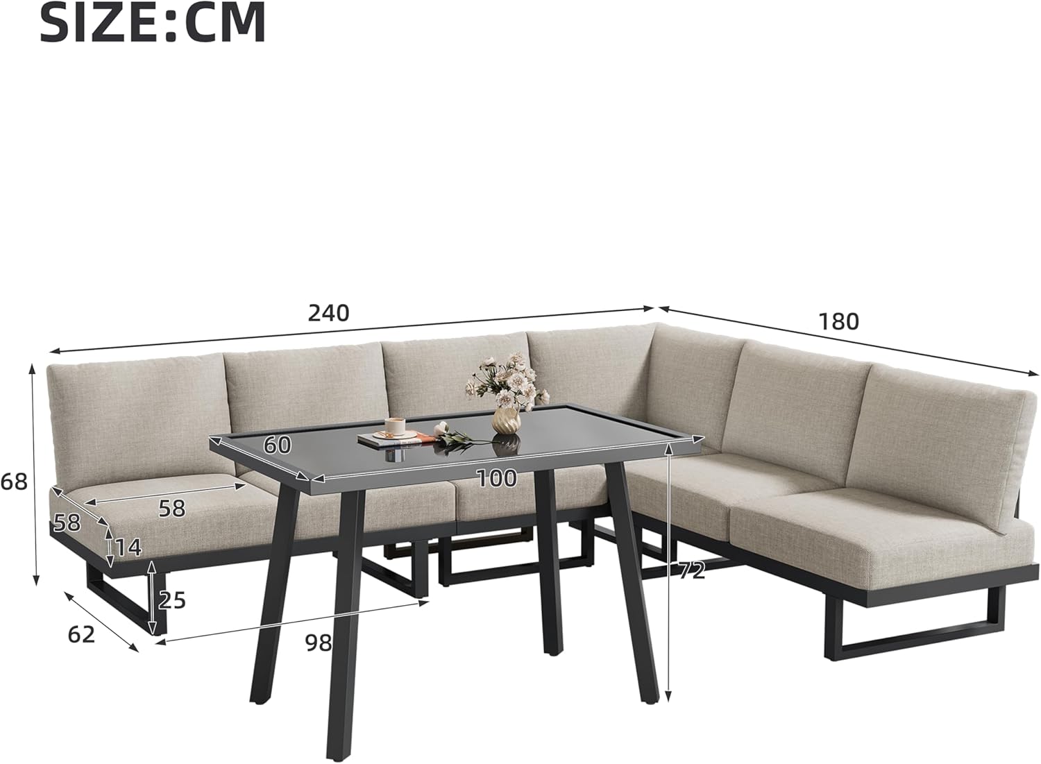 Salon de Jardin modulable 6 places, acier, coussins 14 cm, table verre, convertible