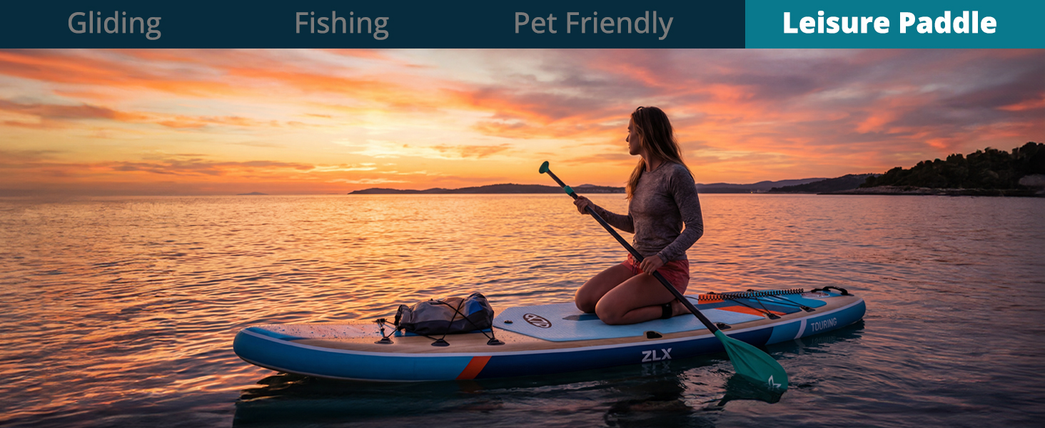 Le texte indique « Pagaie de loisir adaptée aux animaux de compagnie pour la pêche à la ceinture ». L'image de la bannière montre des scènes de paddleboard au coucher du soleil sur l'eau avec un fond de ciel orange.