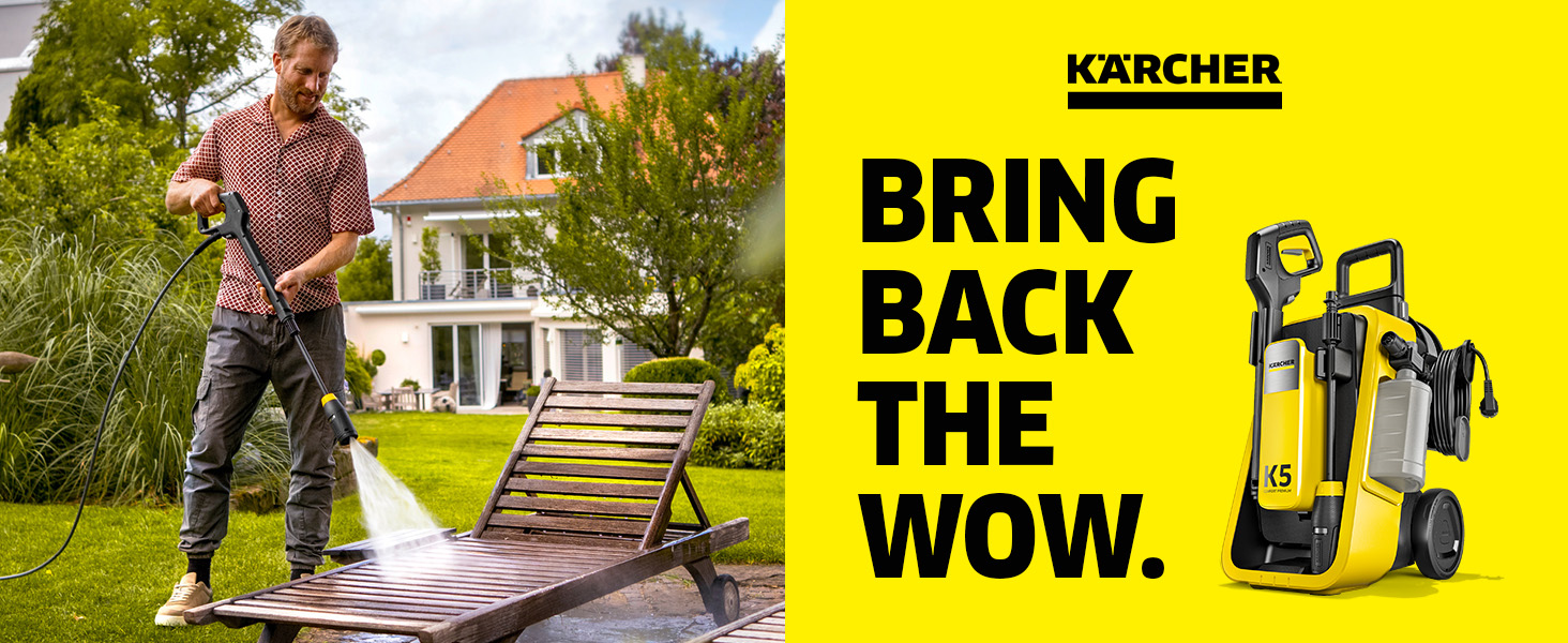 Le texte indique « jardinite » et « BRING THE WOW ». Publicité montrant de l'équipement de nettoyage extérieur utilisé sur les meubles et les surfaces de patio.