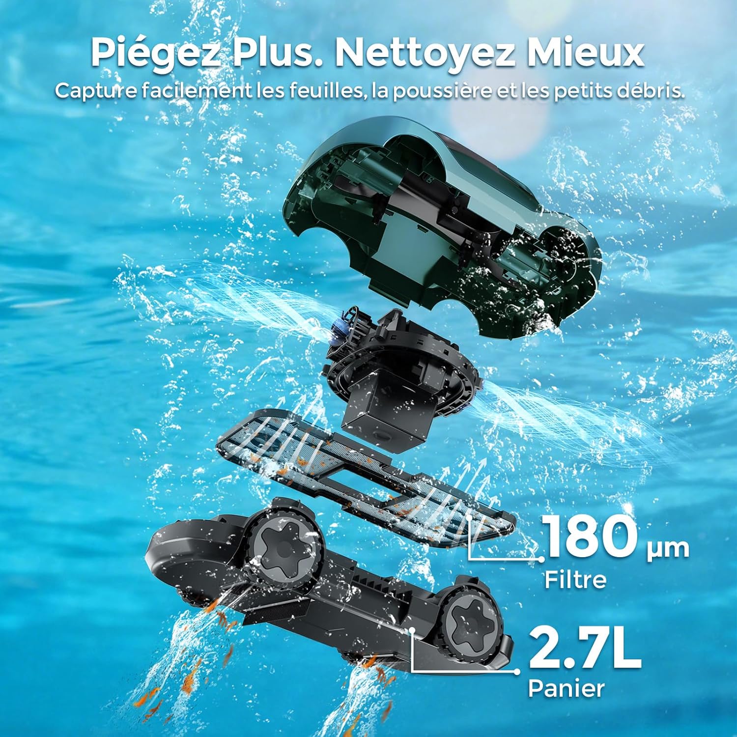Robot piscine sans fil - autonome 180min - filtration fine, navigation intelligente, aspiration puissante