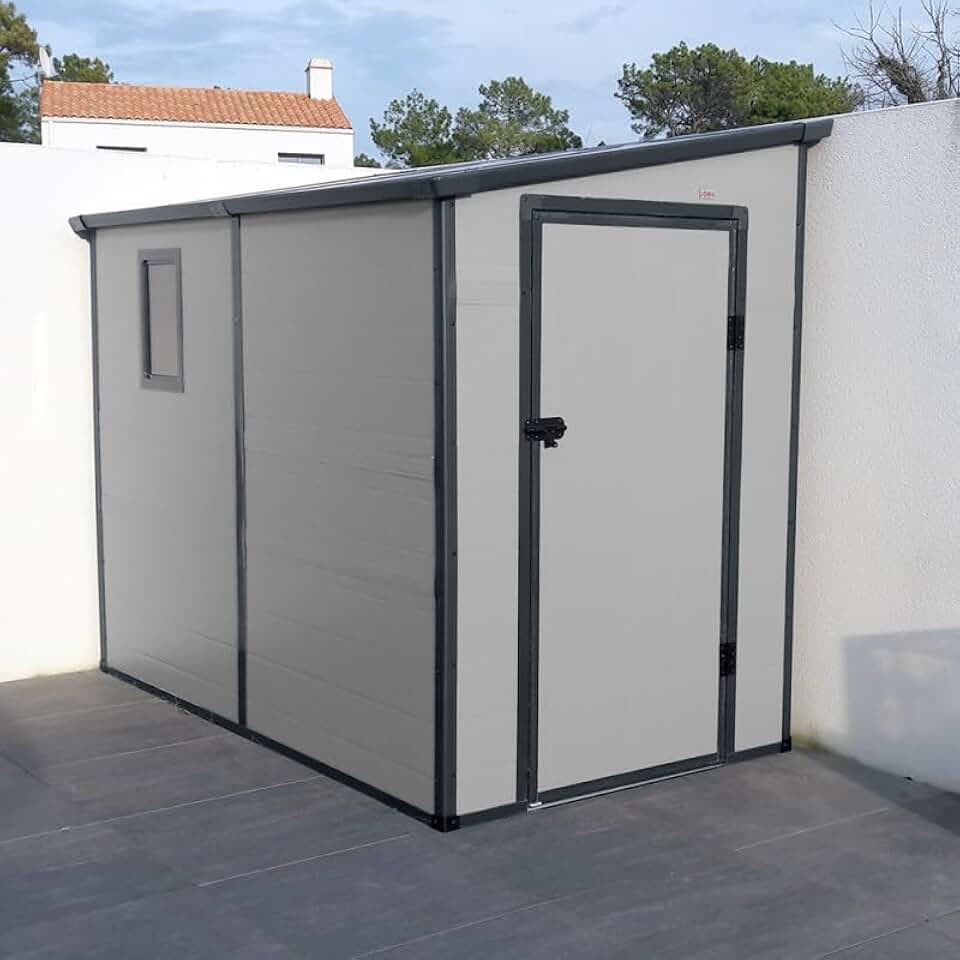 jardinite Abri de Jardin Adossé en Résine 3,55m² | Gris Clair avec Fenêtre et Aération | Kit de Fondation Inclus | Structure Acier Galvanisé