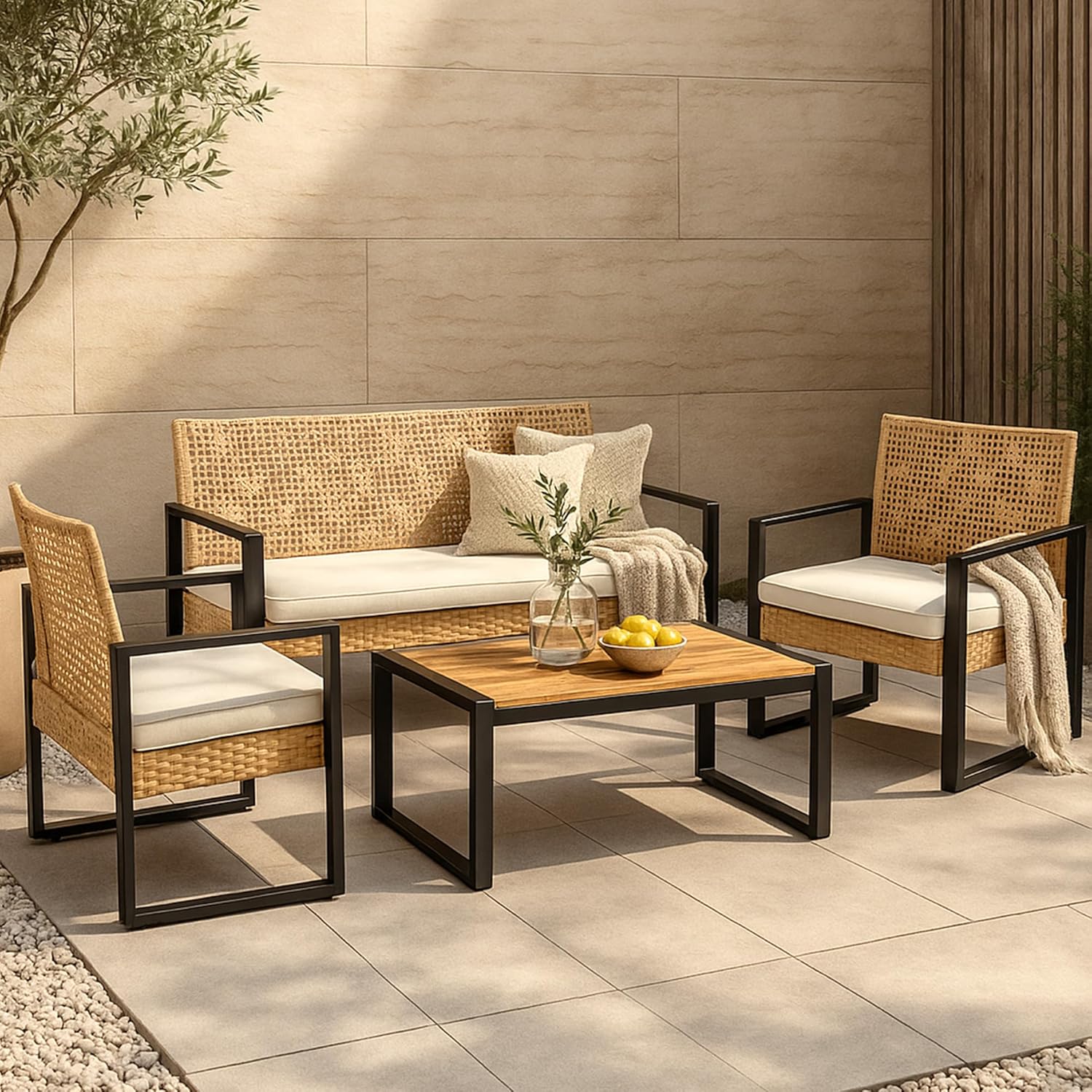 jardinite - Salon de jardin 4 pièces, acier/acacia, 2 chaises + banc, beige/naturel