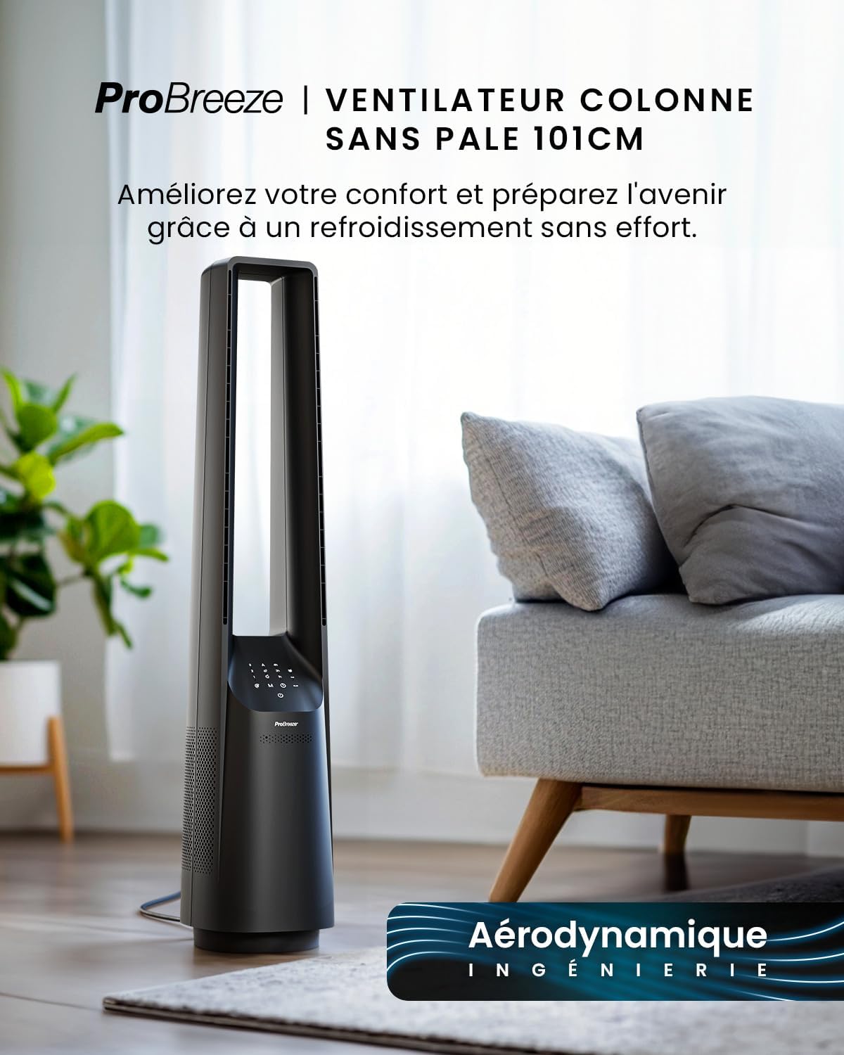 jardinite Ventilateur Colonne Sans Pale - Ventilateur Tour Silencieux, Hauteur 101 cm avec 6 Vitesses, Oscillation 60°, Ventilateur Sans Lame Rafraichisseur d'Air Bladeless Noir