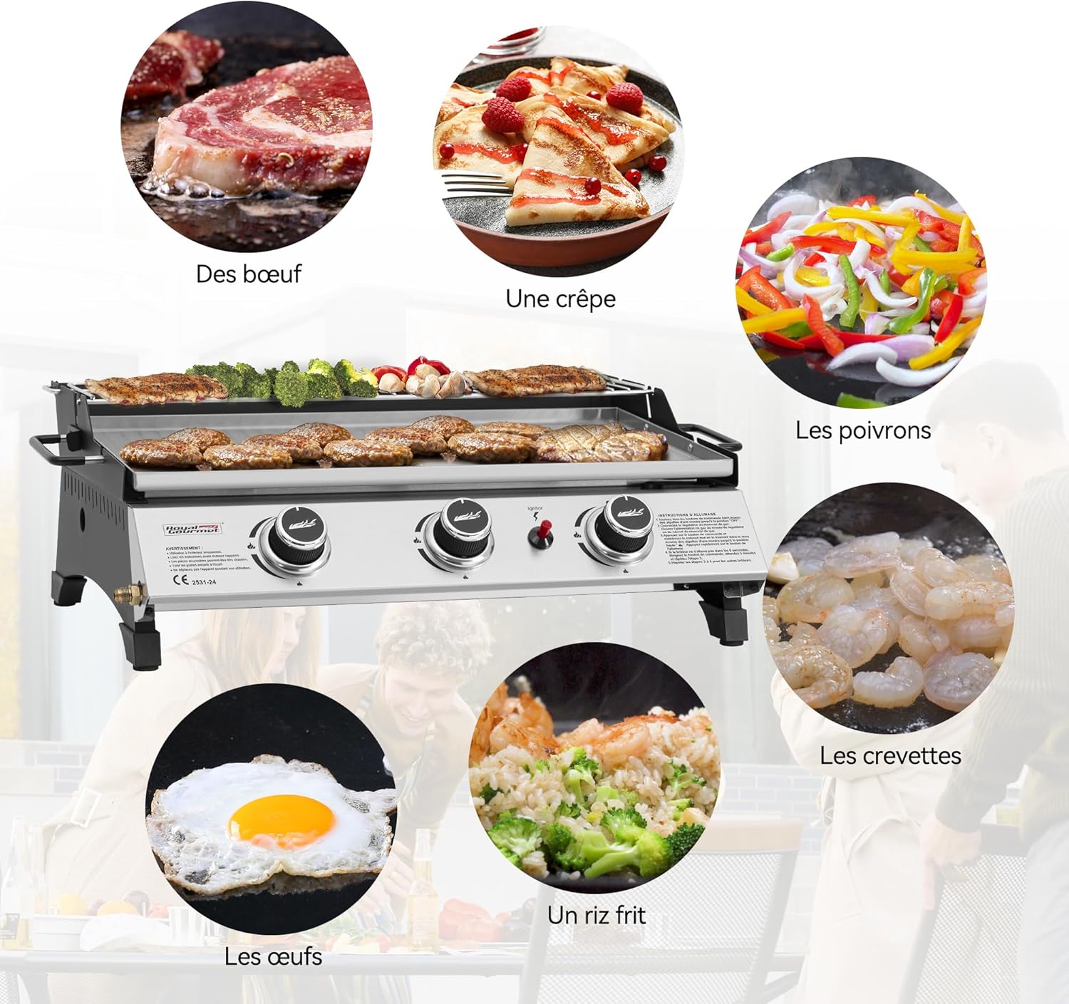 jardinite - Plancha gaz inox 3 brûleurs 61,5x32cm, 7,5kW, usage extérieur