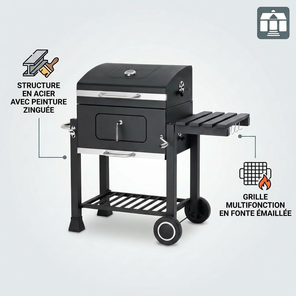 jardinite - Memphis - acier, grille, tablette pliable, roulettes, thermomètre, bac à cendres