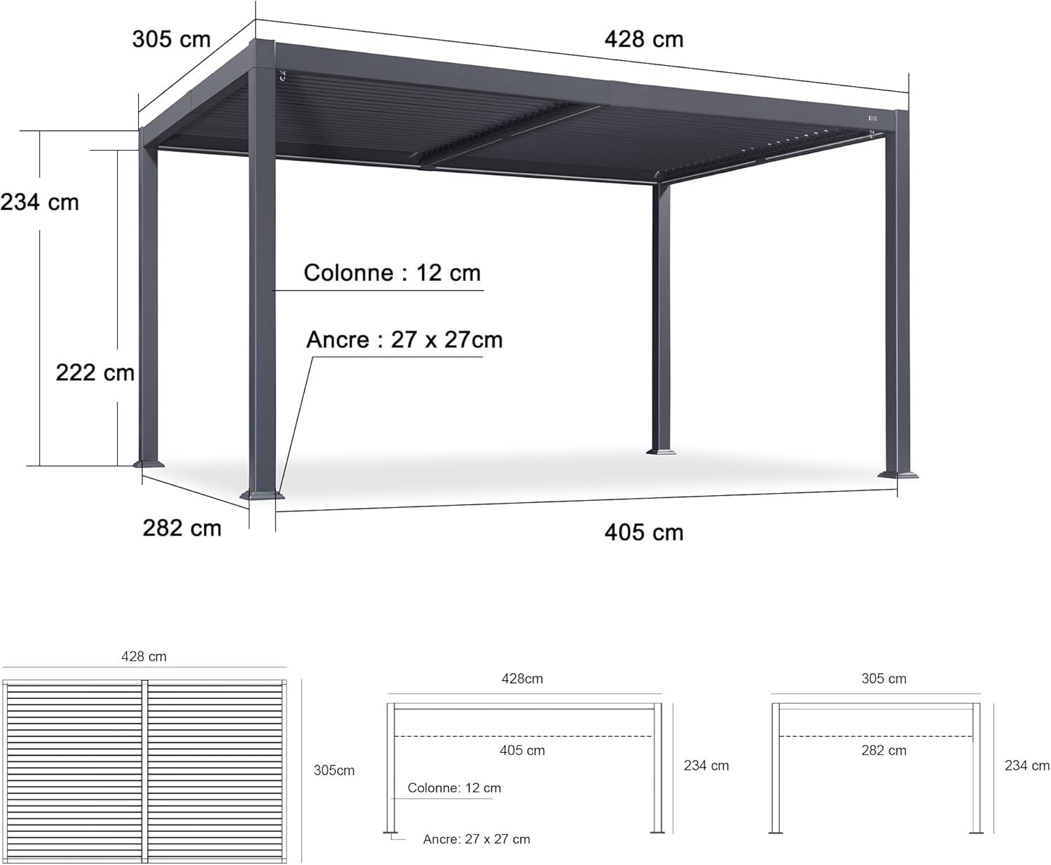 jardinite - Pergola aluminium bioclimatique - 3 x 4,25 m - Lames orientables, LED, étanche