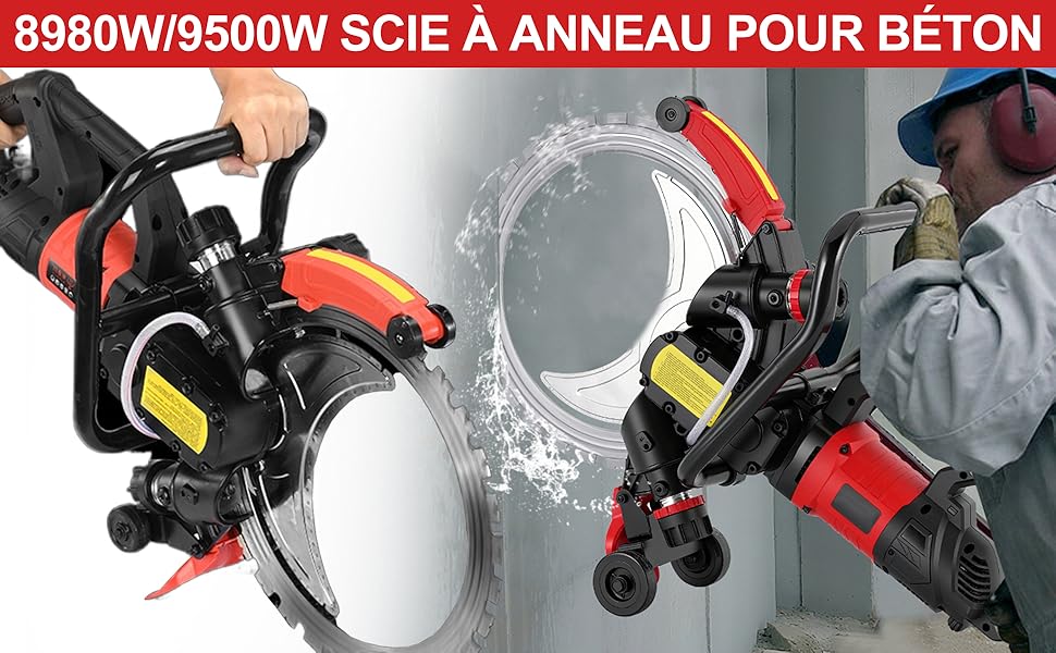 Le texte indique « 8980W/9500W SCIE À ANNEAU POUR BÉTON ». Plusieurs vues de la scie circulaire à béton en cours d'utilisation, montrant différents angles et positions d'utilisation.