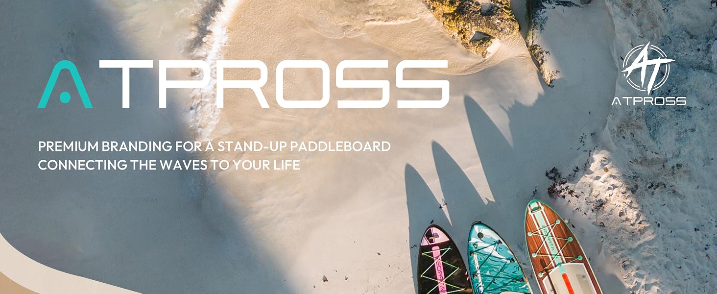 Vue aérienne d'une plage avec trois planches à pagaie colorées. Le texte superposé se lit comme suit : « jardinite : une marque haut de gamme pour un stand up paddleboard, qui connecte
