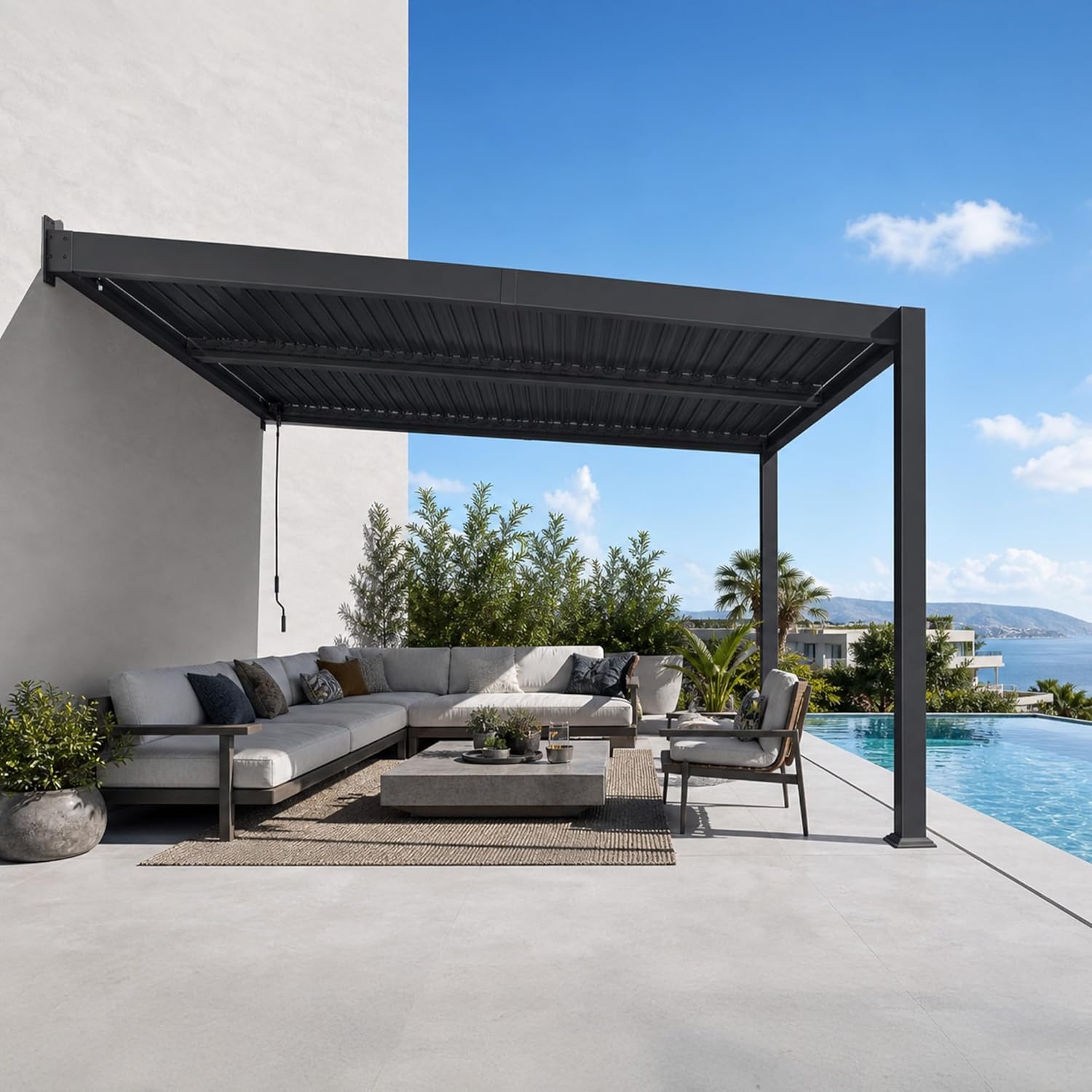 jardinite - pergola bioclimatique adossée - 2,5x3,65m - aluminium, lames orientables, imperméable, gain de place