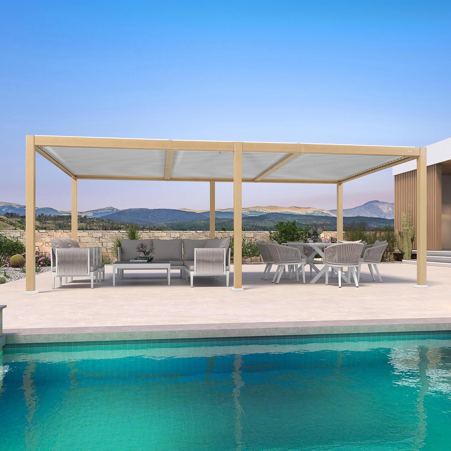 jardinite - Pergola Bioclimatique bois effet alu - 3,5x6,35m - lames orientables, imperméable, extérieur