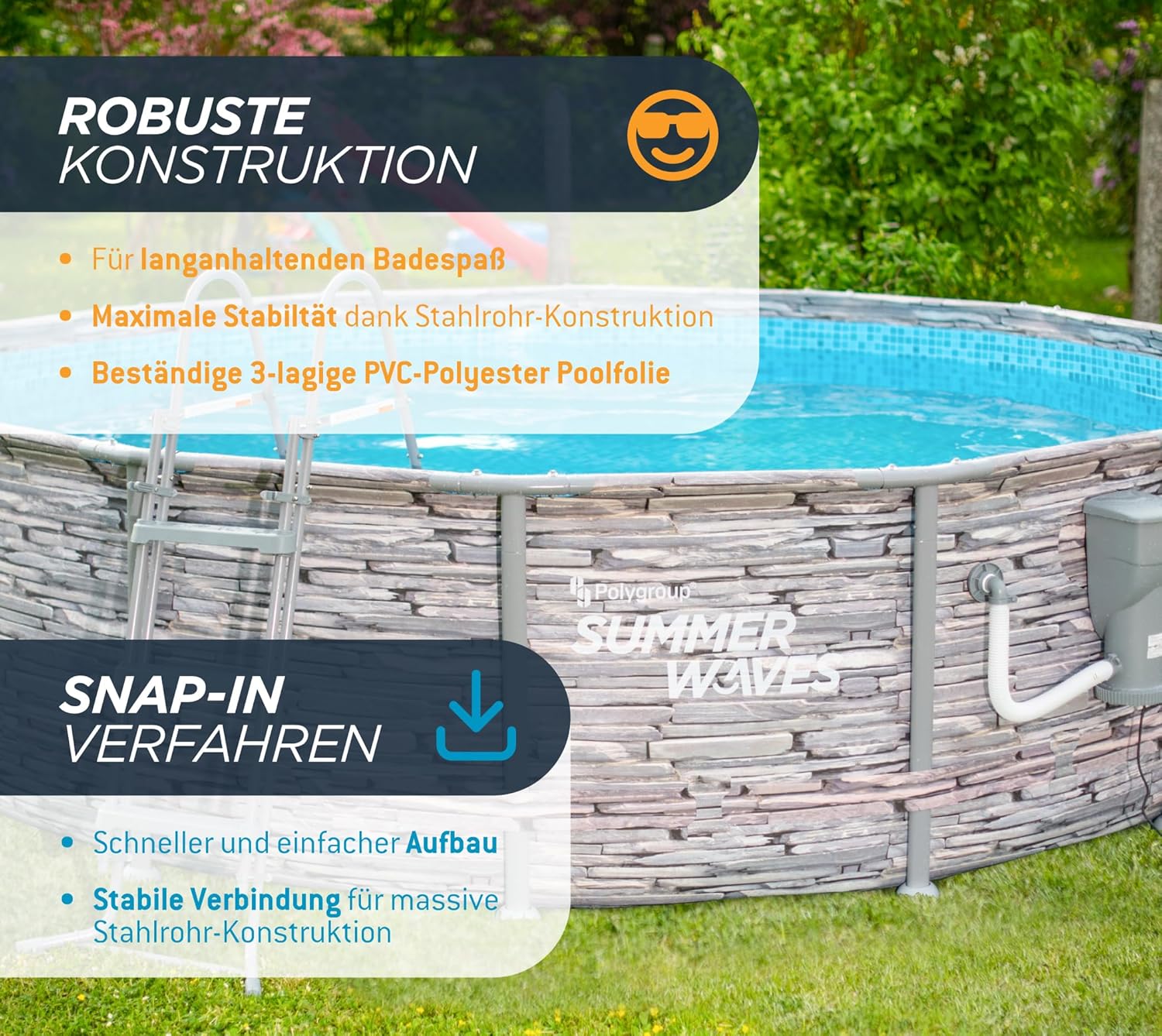 jardinite - Frame Pool Kit rond - 427x107 cm - aspect pierre grise, pompe à filtre