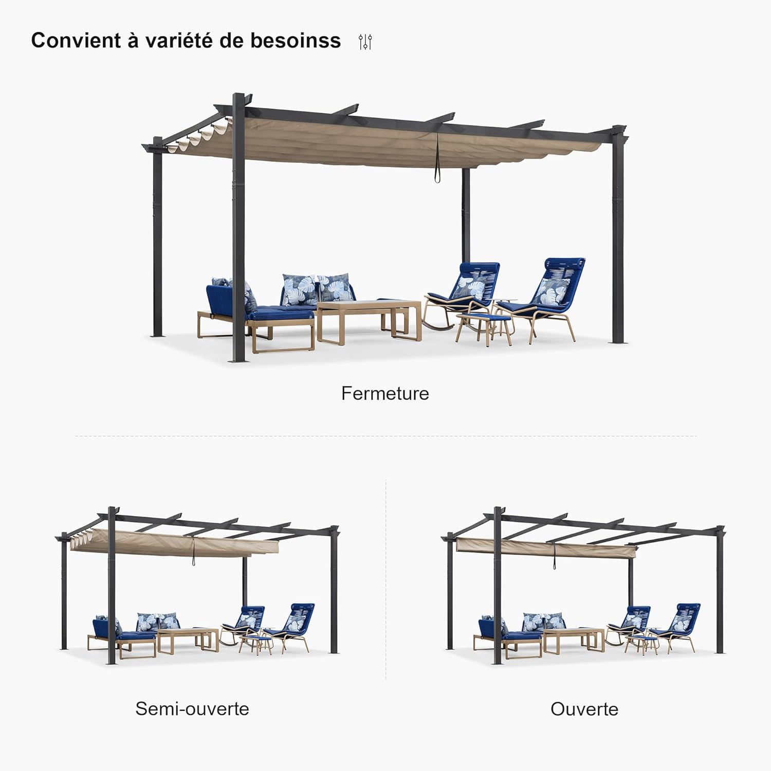 jardinite - pergola aluminium série LED - 4,8x3,5 m - toit rétractable, structure résistante, kaki