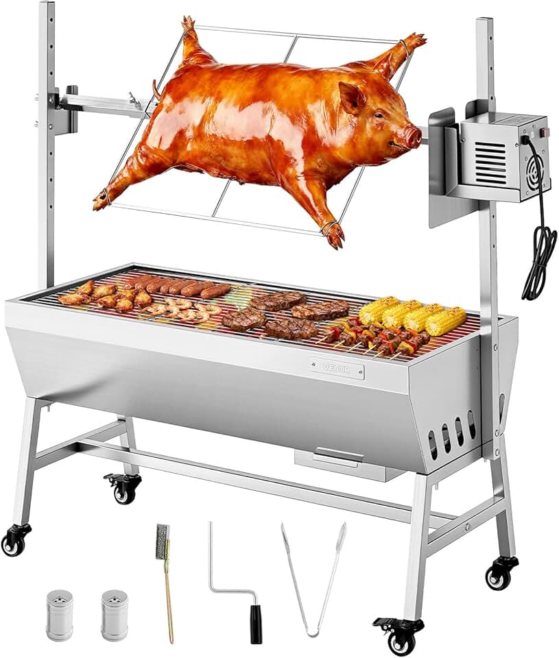 jardinite - Barbecue à charbon avec tournebroche, 7 hauteurs, 60kg, 38W, inox